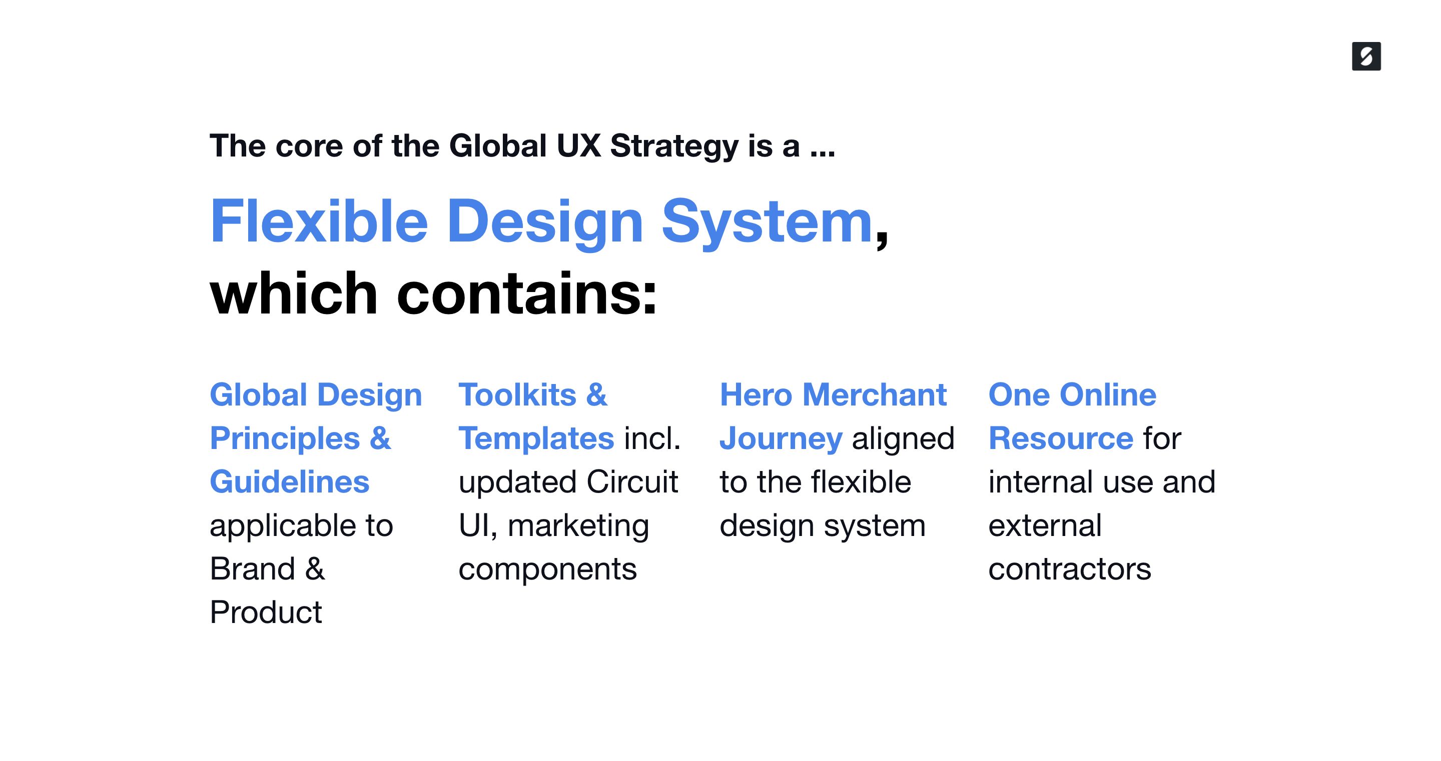 Screenshot of a slide presenting The design system at the core of the UX strategy